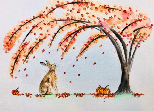 Autumn Hare. Watercolour artwork by North Yorkshire artist Vicki Davidson
