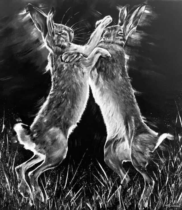 Boxing Hares in monochrome palette by Vicki Davidson