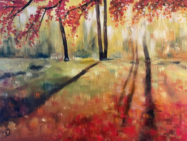 An oil painting of light shining through autumn trees