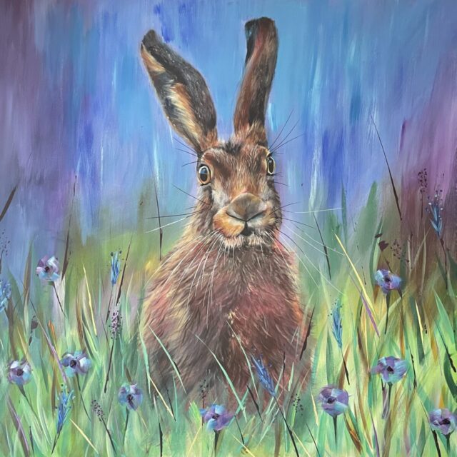 Hare painting with blues and greens