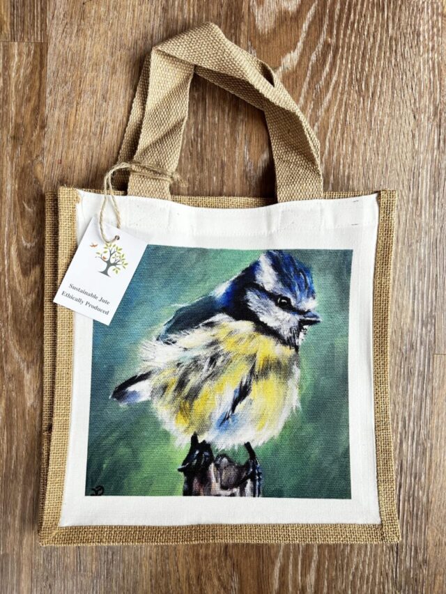 Jute Bag with Blue Tit artwork by Vicki Davidson