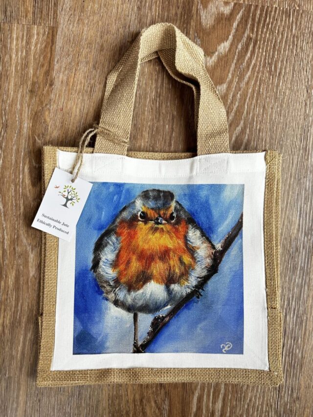 Jute bag featuring bright and bold Robin artwork